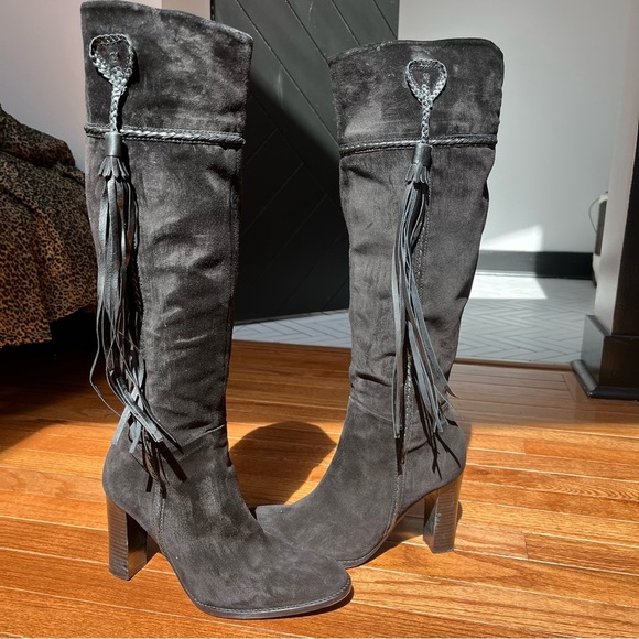Vintage Nine West Black Suede Knee-High Boots with Fringe festival size 8 - Picture 10 of 12